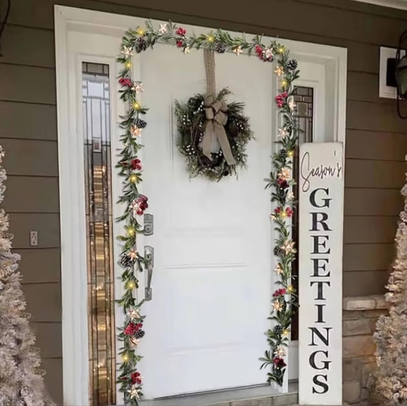 9ft Snowy Christmas Garland with Lights, Pines and Berries, Battery Operated #14 - Picture 2 of 3